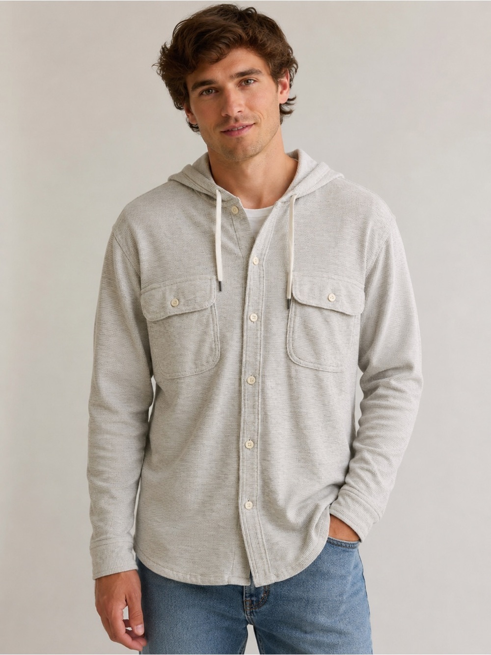 American Eagle Cream Waffle-Knit Hooded Top